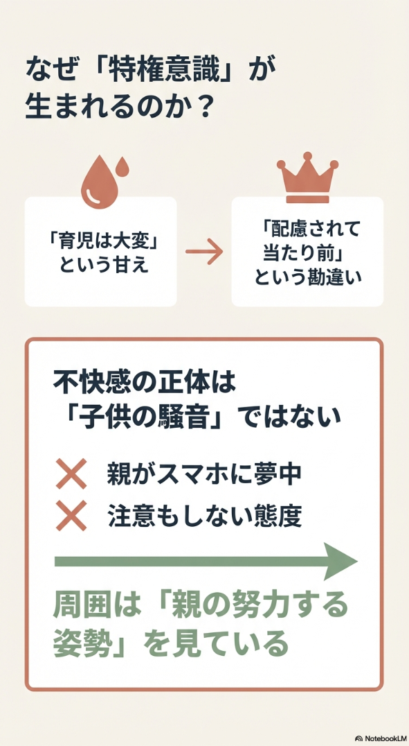 育児の過酷さによる「甘え」が特権意識に変わる仕組みや、周囲が不快に感じるのは「親の努力する姿勢」が見えないことであると説明するスライド。
