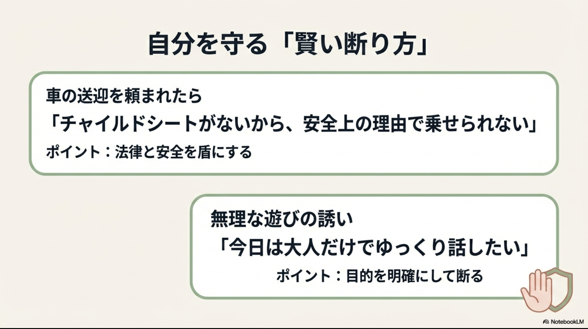 車の送迎を「安全上の理由」で断る、遊びの誘いを「目的を明確にして」断るなど、具体的なフレーズをまとめたスライド