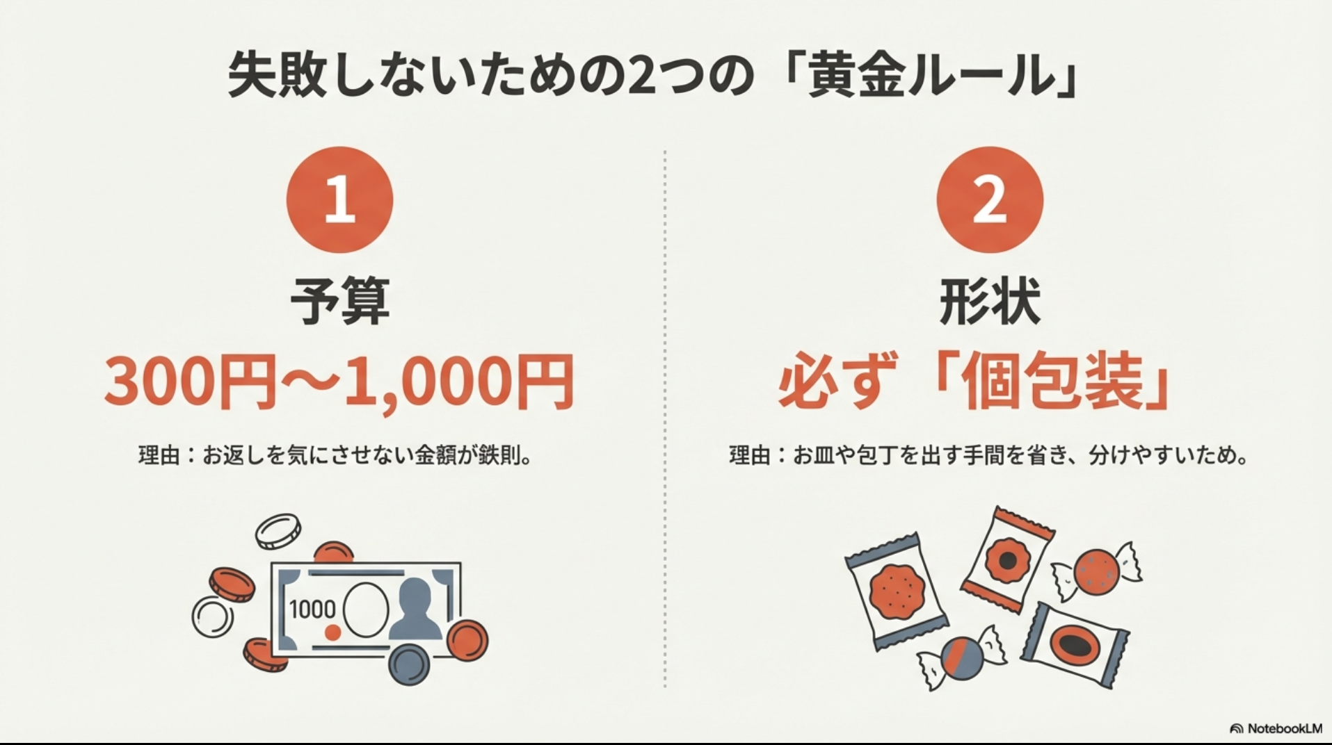 手土産の黄金ルール。1.予算は300円〜1,000円、2.形状は分けやすく手間がかからない「必ず個包装」にすることの解説