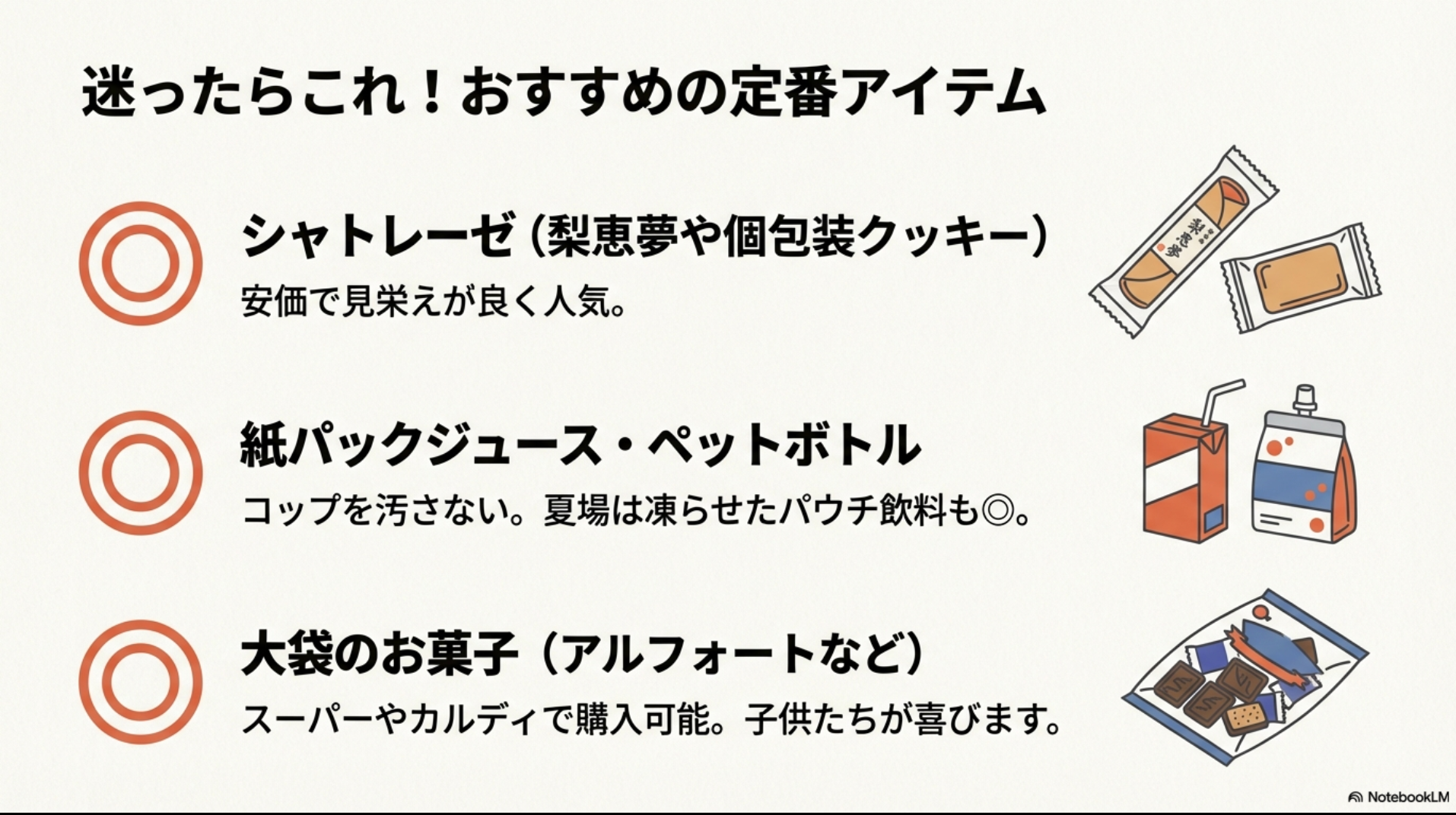 シャトレーゼの菓子、紙パックジュース、ペットボトル、大袋のお菓子など、おすすめの定番アイテム一覧