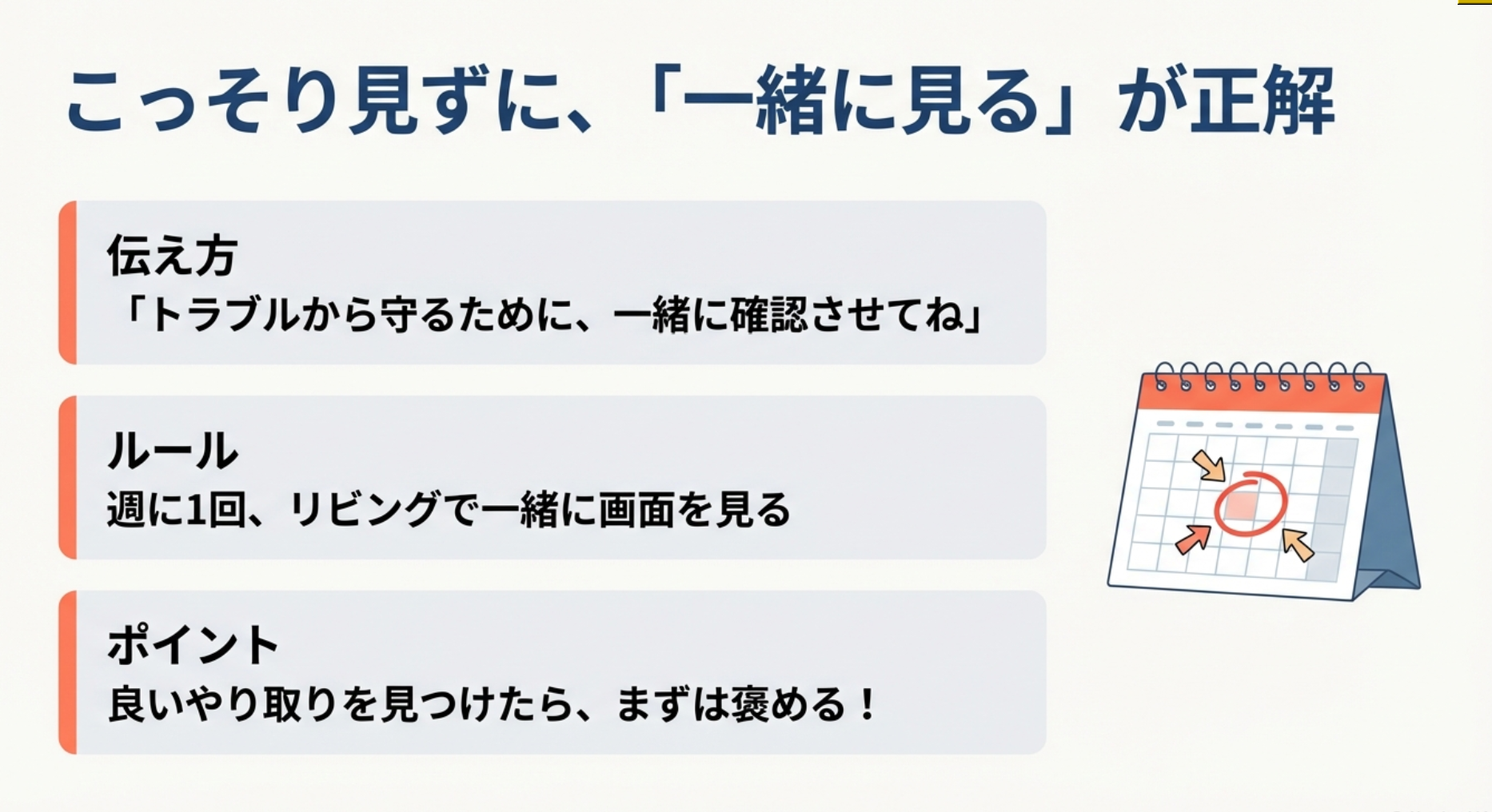 カレンダーのイラストとともに「こっそり見ずに、一緒に見るが正解」と記載。「週に1回リビングで一緒に見る」などのルールが示されている 。