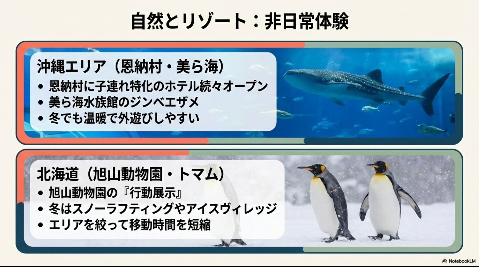 沖縄（恩納村・美ら海）のジンベエザメや冬の温暖な気候、北海道の旭山動物園などの魅力をまとめたスライド。