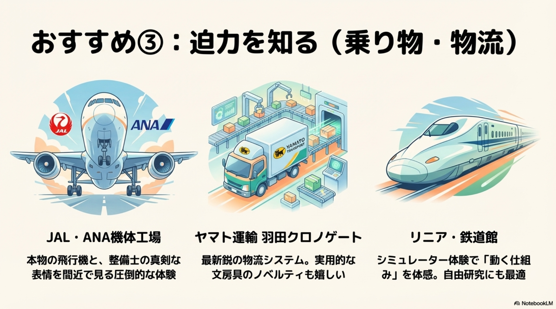 JAL・ANAの機体工場、ヤマト運輸、リニア・鉄道館など、飛行機や物流の仕組みを間近で学べるスポットを紹介するイラスト。