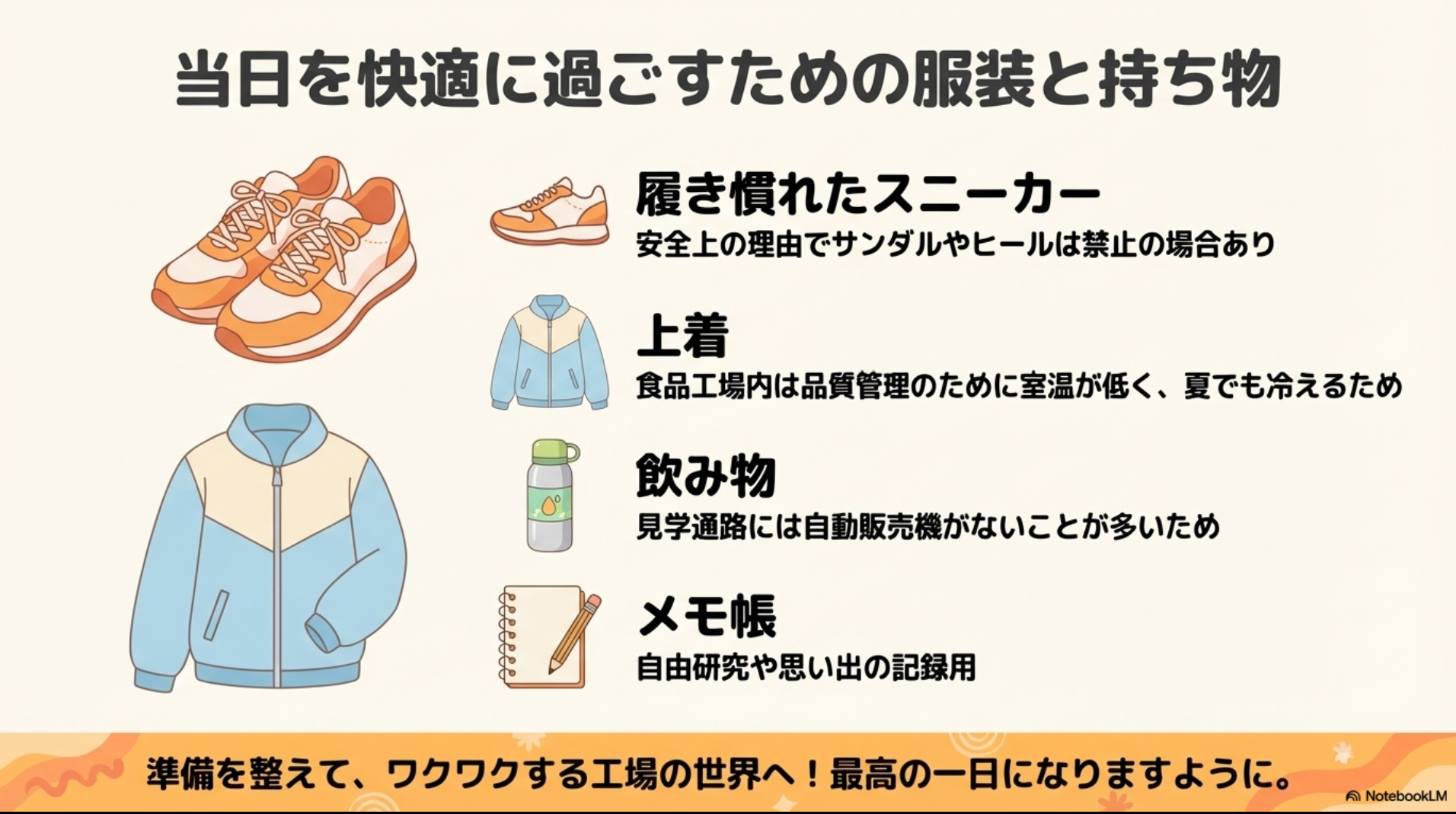 安全のためのスニーカー、温度調節用の上着、飲み物、記録用のメモ帳など、工場見学当日に持参すべきアイテムを描いたイラスト。